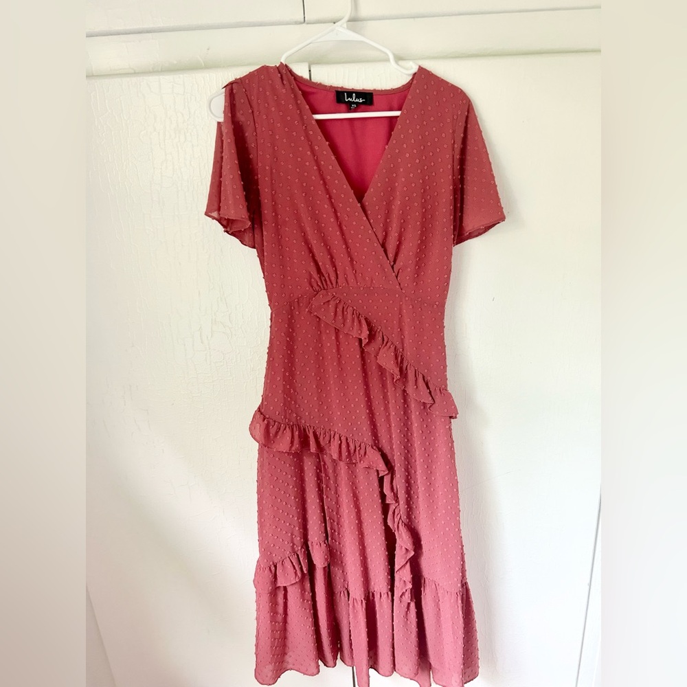 WORN ONCE | Next to You Rusty Rose Swiss Dot Ruffled Midi Dress